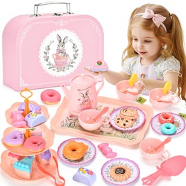 Lajeje Kids Tea Party Set - Bunny Tea Set for Little Girls, Princess Tea Set for Toddlers 3-5, Easter Gift Basket Stuffer, Birthday Gift, Pretend Play Tea Party Set with Teapot, Cups, Desserts, Case