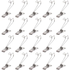 Dadamong 20Pcs Stainless Steel Long Tail Clip with Hooks Clothes Pins, Hollow Out Metal Wire Binder Paper Clip, Hanging Universal Clips for Kitchen Bathroom Office DIY