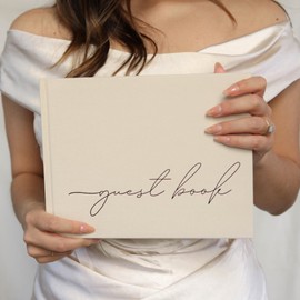Wedding Guest Book With Clear Photo Corners Self Adhesive Stickers - Linen Photo Guestbook to Sign at Bridal Shower or Wedding Reception Party - 100 Pages - Half Blank and Lined Thick Paper Books