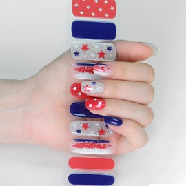 Independence Day Semi Cured Gel Nail Strips Red and White Blue Star Design Glitter Full Nail Wraps Sticker 4th of July Gel Nails Stickers Holiday Nails Art Decoration for Women