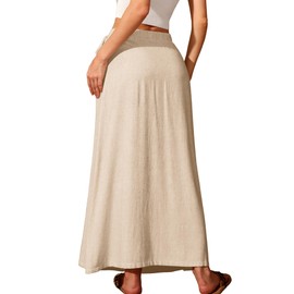 ELLEVEN Women's Linen Long Wrap Skirt Flowy Trendy Summer Elastic Waist Maxi Ankle Length Casual High Waisted A Line Vintage Sexy Boho Low Ries Midi Beach Vacations Skirts Beige Medium