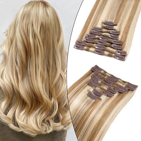 Elailite Clip-In Real Hair Extensions, 8 Wefts, Straight, #12P613 Golden Brown Mix Bleach Blonde Hair Extensions, Real Human Hair, 30 cm - 55 g