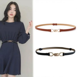 INGJIA Pack of 2 Slim Waist Belt for Women Adjustable Thin Belt Slim Leather Belt with Gold Metal Buckle for Dress