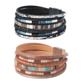 ZAGQIG 2 Pcs Leather Wrap Bracelets for Women Boho Rustic Multi-Layer Bracelet Clasp Beads Stackable Faux Rhinestone Bracelet Cuff for Women Slender Wrist (Brown and Black), Small, Leather Alloy Steel