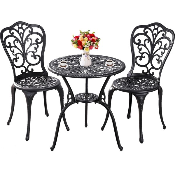 Withniture Outdoor Bistro Set 3 Piece Patio Bistro Set Cast Aluminum Bistro Table and Chairs Set of 2, Small Patio Table Set for Porch, Yard, Balcony, Black