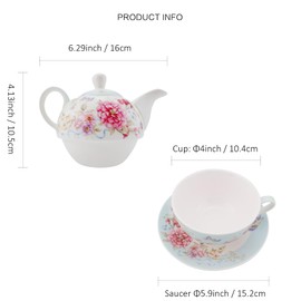 Tea for One Teapot Cup and Saucer Set, Coffee Cups Gifts for Women Tea Set Vintage Flora Rose Gift for Her Tea Party Home Restaurants and Tea House (Blue Set)