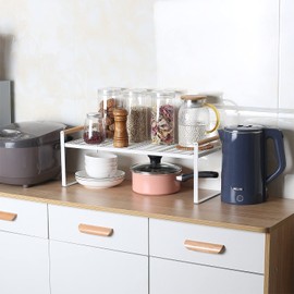 Thrarise Kitchen Shelf Organiser,Spice Racks, Iron and Wooden Handle, Cupboard shelf，Suitable for Home and Kitchen Storage, White (35 * 21 * 20)