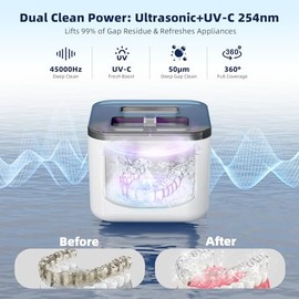 Ultrasonic Retainer Cleaner Machine, Denture Cleaner, All-in-One Dental & Jewelry Cleaner for Aligners Night Guards Dentures Braces Mouth Guards Toothbrush Heads, 45kHz 200ML, Dual Modes