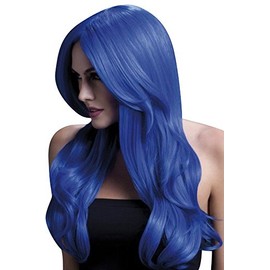 Smiffys Fever Khloe Wig, Neon Blue Long Wave with Centre Parting, 56cm/22in, Fever Wigs Fancy Dress, Fever Dress Up Wigs
