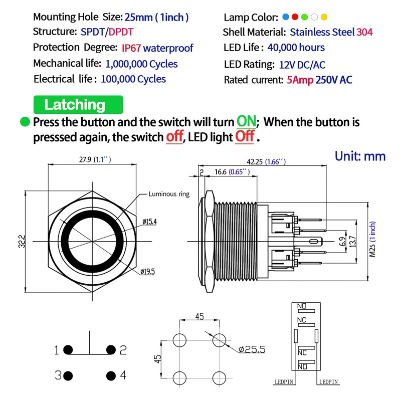 UL Listed 25MM Big Latching Push Button Switch 1“ DPDT