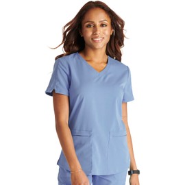 Cherokee V-Neck Scrub Top for Women with 2 Pockets Knit Insets and Notch at The Shirttail Hem for Comfort CK837A, S, Ciel