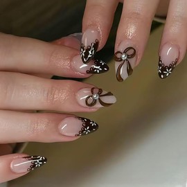 Short Almond Nails Press ons Brown Fake Nails with Bow Floral Design