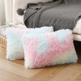 Labilin Faux Fur Fluffy Lumbar Cushion Covers 2 Pack Plush Decorative Pillowcase Soft Velvety Throw Pillow Cover 12x20 Rainbow Luxury Cushion Cover for Bedroom Home Decor