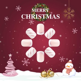 Christmas Press on Nails Short Square Snowflake French Tip Design Cute Glitter Fake Nails Full Cover Nude Stick on Nails Xmas Glossy False Nails for Women Girls Winter Holiday Nail Art Decor 24Pcs