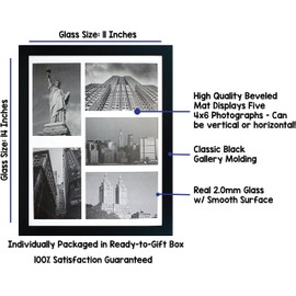 11x14 Collage Picture Frame - Mat Displays Five 4x6 Inch Photos - Black Gallery Wide Molding - Includes Both Attached Hanging Hardware and Desktop Easel - Display Multiple 4 x 6 Pictures or 11 x 14