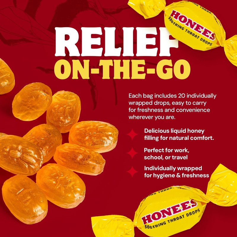 Honees Honey Filled Drops, Honey Cough Drops with Real Honey-Natural