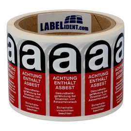 Labelident Hazardous Substance Labels for Asbestos Products – 25 x 60 mm – Polyethylene, Red/Black – 500 Hazardous Goods Stickers on 1 Roll