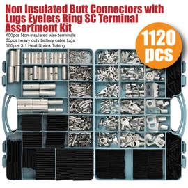 Fuzbaxy 1120PCS Non Insulated Butt Connectors BN0.5-BN60, Battery Cable Ends Connectors SC Heavy Duty Wire Lugs,Heat Shrink Tubing Assortment Kit-Silver