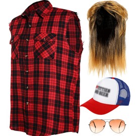 Blonde Mullet Wig for Men 70S 80S Rock Disco Star Style Costume Sleeveless Plaid Shirt Metal Frame Blonde Sunglasses Vintage Style Hat (XXX Large Shirt)