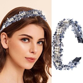 Fdesigner Pearl Knot Headband Navy Blue Thin Hairband Boho Knotted Headbands Fashion Top Knot Headpieces for Women (Blue)