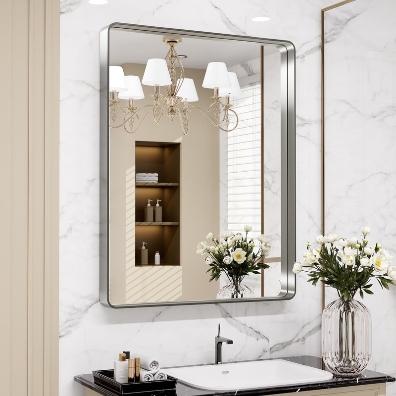 LOAAO 24X36 Inch Brushed Nickel Bathroom Mirror, Rounded Rectangle Silver