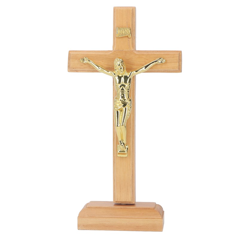 Crucifix Table Cross Hand Crafted Light Brown Durable Beech Metal
