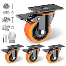 3 inch Casters Wheels, Heavy Duty Casters Set of 4, No Noise Industrial Casters Load 1600lbs with Brake, Swivel Industrial Plate Casters, Wheels for Cart Furniture(2 Hardware Kits & Gloves)