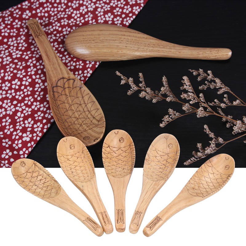 5Pcs Soup Spoon Fish Shaped Carved Wooden Rice Spoon Kitchen