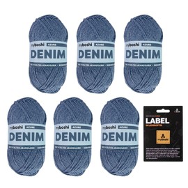 myboshi Denim, Vegan Denim Yarn, Recycled Cotton for Crochet and Knitting, 50% Recycled Denim, 50% Cotton (Organic), Label, 50 g, Ll 135 m Blue (Azure), 6 Balls