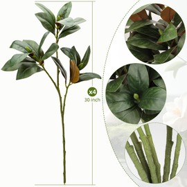 OBDXZHC 4 Pcs Artificial Magnolia Leaves Branches 30 Inch Each with 3 Branches with Magnolia Fruit Faux Stems for Indoor Outdoor Home Wedding Floral Arrangement Decoration