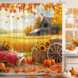 Viajar - Cortina de ducha de otoño, bosque de otoño, hojas doradas, granja, tela de poliéster, accesorios de baño, con ganchos, 72 x 72 pulgadas