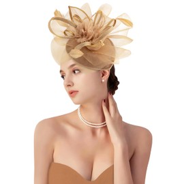 dressfan Fascinator Derby Hats for Women Vintage Wedding Feather Headband Hair Clip,20s 50s Hair Accessories Headwear for Derby/Wedding/Cocktail/Tea Party,M4-Khaki