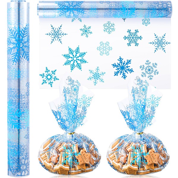 Gueevin Winter Snowflake Cellophane Wrap Roll Snowflake Wrapping Paper Winter Cellophane Roll 100 ft x 16 in 2.5 Mil Clear Cellophane Gift Wrap for Holiday Treats Crafts Supplies (Blue Snowflakes)