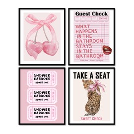 KDHTY Coquette Preppy Wall Art,Trendy Leopard Cherry Guest Check Decor,Preppy Aesthetic Room Decor y2k Set of 4,Cheetah Print Room Decor Wall Art for Girly Bedroom Apartment Dorm,8x10 Unframed