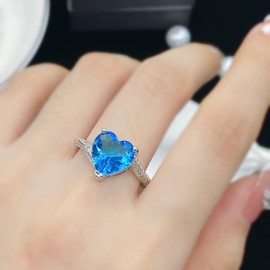 925 Sterling Silver Topaz Topaz Heart-Shaped Open Ring Adjustable Love Heart Set Small Zircon Wedding Engagement Ring(Marine Blue)