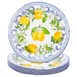 BUWUSMU 120 Pack Capri Lemon Paper Plates 7 Inch, Blue Tile Yellow Disposable Party Plates Set for Lemon Theme Birthday Party Supplies, Serve 120 Guests
