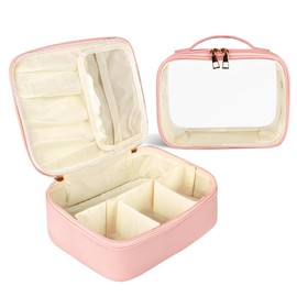 Ebbniur Makeup Bag, 2 PCS PU Leather Cosmetic Bags, Portable Travel Makeup Case, Large Makeup Organizer with Clear Makeup Bag for Women (Pink)