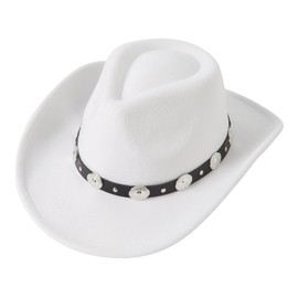 Lanzom Women Men Felt Wide Brim Western Cowboy Hats Belt Buckle Panama Hat (White, Large-X-Large)