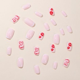 Valentine's Day Press on Nails Heart Glossy Full Cover Square French Tips Medium Acrylic False Nails with Heart Lips Designs Artificial Short Coffin Fake Nails Glue Stick on Fingernails for Women