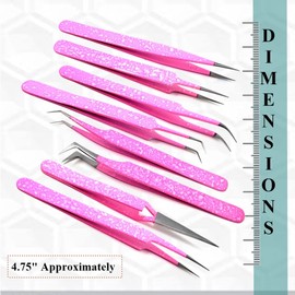 Set of 8 Stainless Steel Tweezers Kit Nippers for Eyelash Extensions and Nail Art Straight and Curved Tip For Sticker Rhinestone Eyelash Picker Acrylic Gel Nail DIY Art PINK