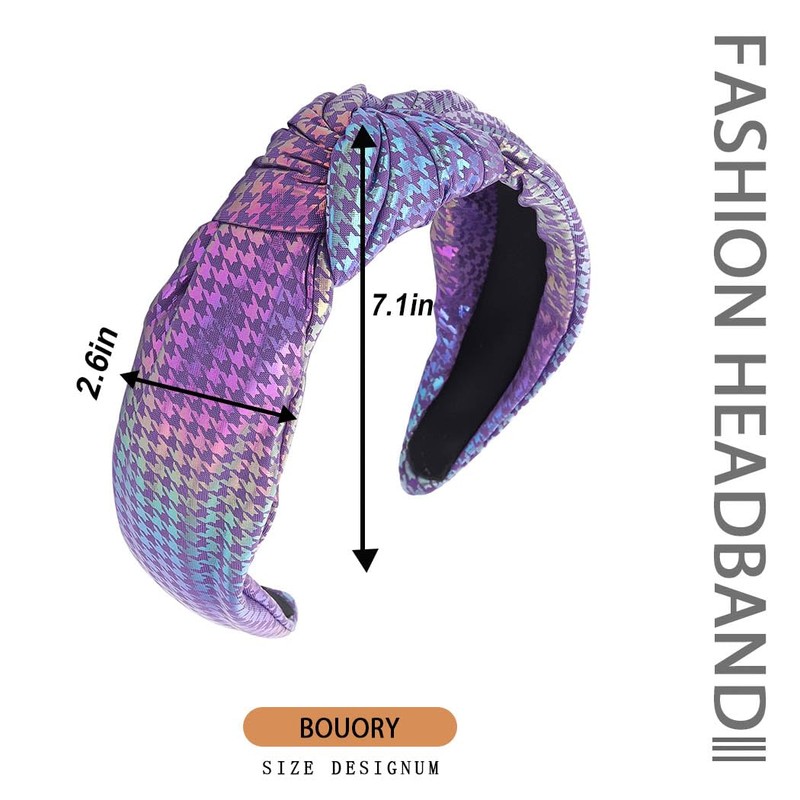 Bouory Knotted Wide Headbands Shiny Metallic Hairbands Turban Plaid Headband