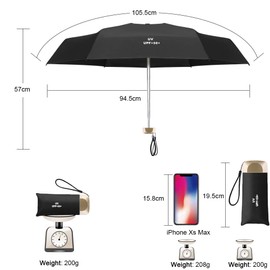Vicloon Mini Folding Umbrella, Pocket Umbrellas with 6 Aluminium Ribs, 210T Fabric, Outdoor Sun/UV Protection, Golden Handle, Lightweight and Compact, Black