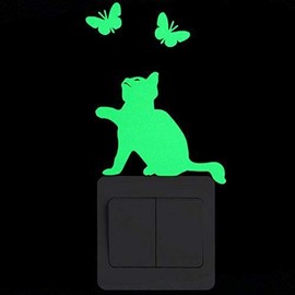 POPIGIST 2pcs Light Switch Decals Glow in The Dark Cat Play Butterfly Animal Pattern Wall Stickers Light Switch Decor Art Mural Paste