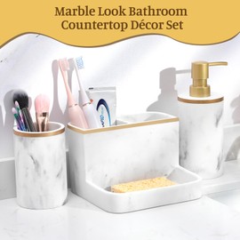 Shinowa Bathroom Accessories Set, Marble Look Toothbrush Holder and Soap Dispenser Set, Bathroom Countertop Décor Sets with Lotion Dispenser Soap Pump, Tumbler, Bathroom Organizer Accessories
