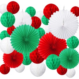 FOGAWA 30PCS Christmas Honeycomb Decorations Red Green White Paper Tissue Paper Pom Poms Xmas Ceiling Hanging Decorations 10-30cm for Christmas New Year Winter Festival Home Party Decoration