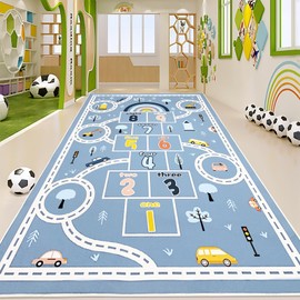 Lacomfy Hopscotch Car Rug 10Ft Extra Large Blue Kids Play Mat Rainbow Classroom Rug for Kids Girls Bedroom Carpet Educational Learning Area Rug Children Rug Preschool Car Road Rug, 6.6x9.8Ft