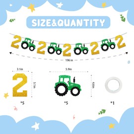 Tractor 2nd Birthday Banner, Farm Tractor 2nd Birthday Decoration for Boy, Green Glitter Tractor Two Paper Garland for Farm Party Supplies