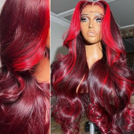 99j Burgundy Lace Front Wigs Human Hair Red Burgundy Wig Human Hair 200% Density 13x6 Body Wave Ombre Red Lace Front Wig Pre Plucked Colored Glueless Red Skunk Stripe Wigs for Women 20 Inch