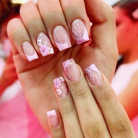 Press on Nails Short Square Shape False Nails with Glossy Glitter Stick on Nails 3D Flower Designs Fake Nails Coffin French Tips Acrylic Nails Full Cover Artificial Nails Glue on Nails for Women