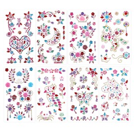 8PCS Gem Stickers, Face Gems for Kids, Face Jewels Stick on, for Mobile Phones, Nails, Makeup, Diy Crafts, Body Decoration, Woodpecker, Unicorn, Pegasus, Heart, Plum Blossom, Bowknot, Moon, Butterfly